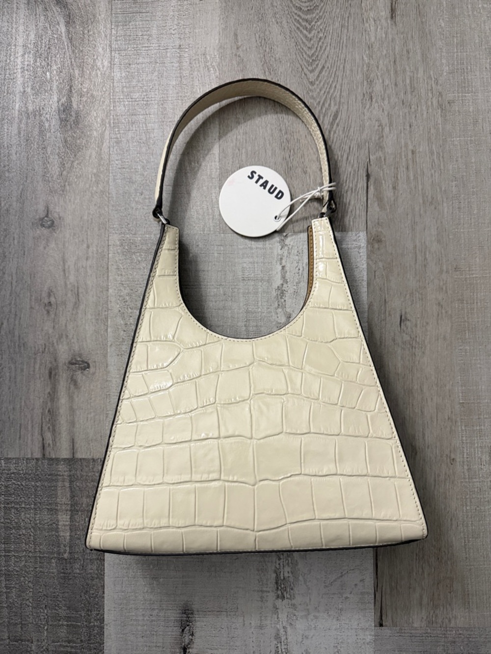 STAUD Rey Bag Cream Croc-Embossed Pyramid Shoulder Bag